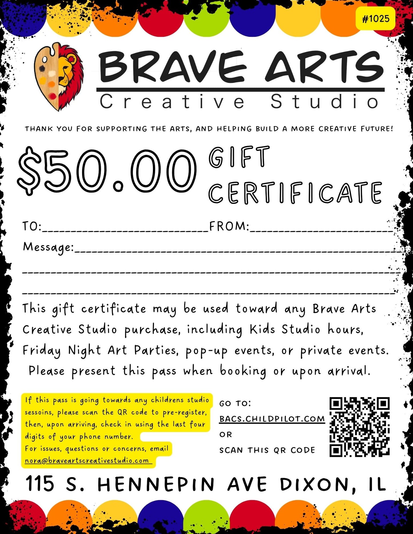 Brave Arts Creative Studio Gift Certificate - $50