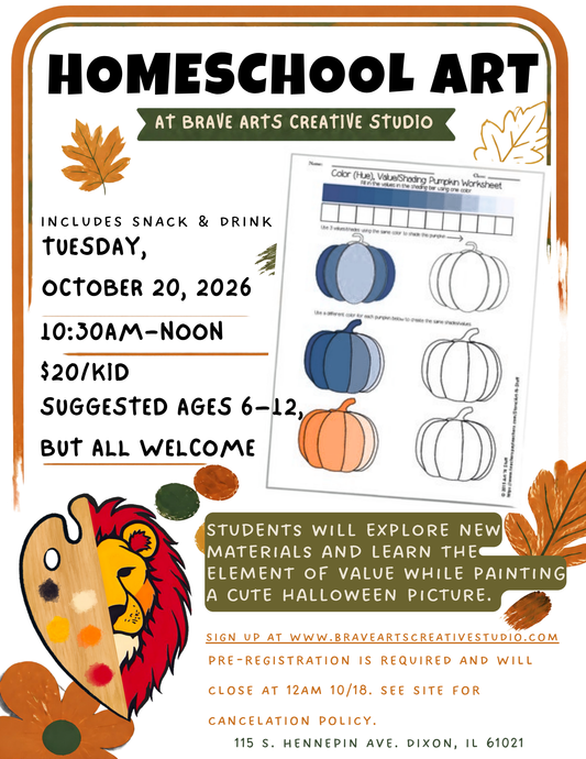 Homeschool Art – 3-D Pumpkin Value Painting (10/20, 10:30am-Noon)